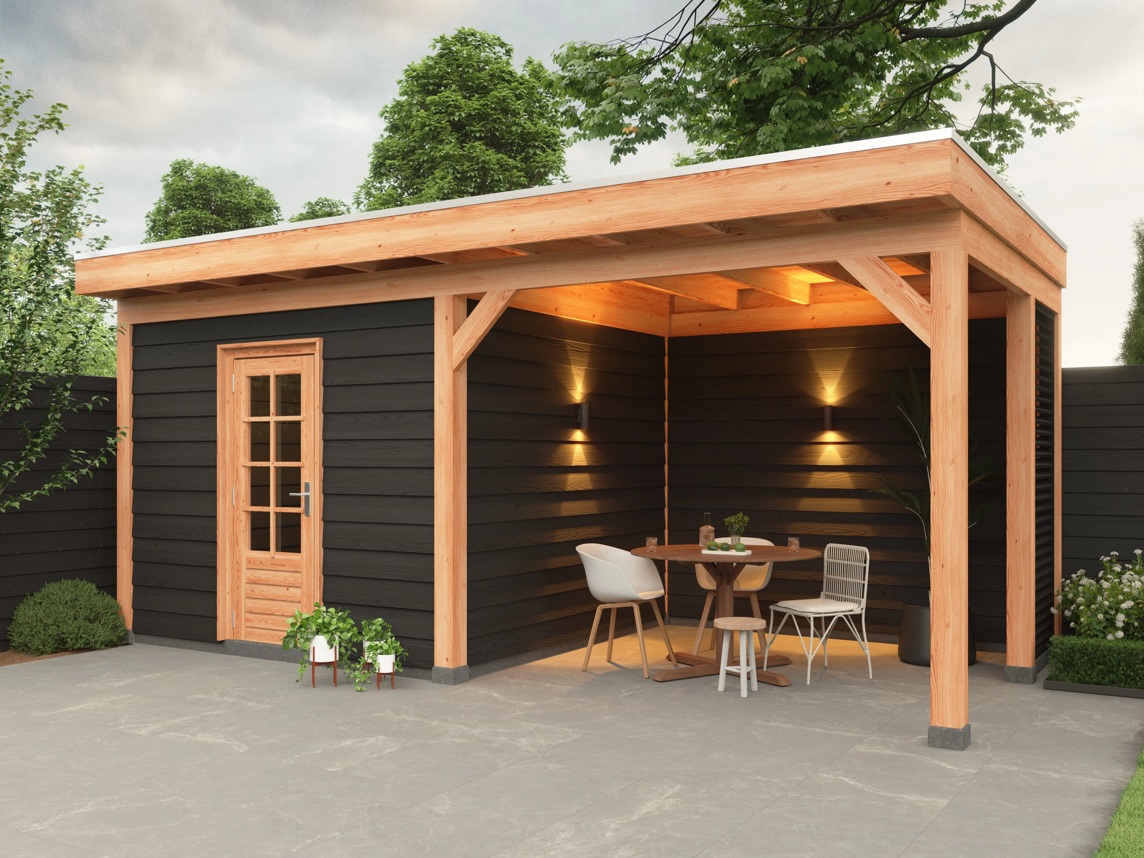 Douglas overkapping, 600 x 300, met zwarte schuur en achterwand, Westwood Comfort Green - Afbeelding 3